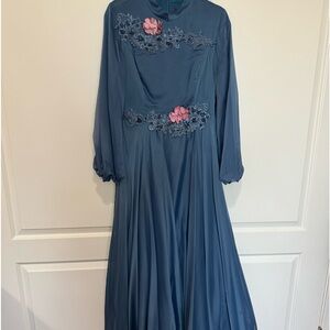 Blue Modest Flower Evening Dress